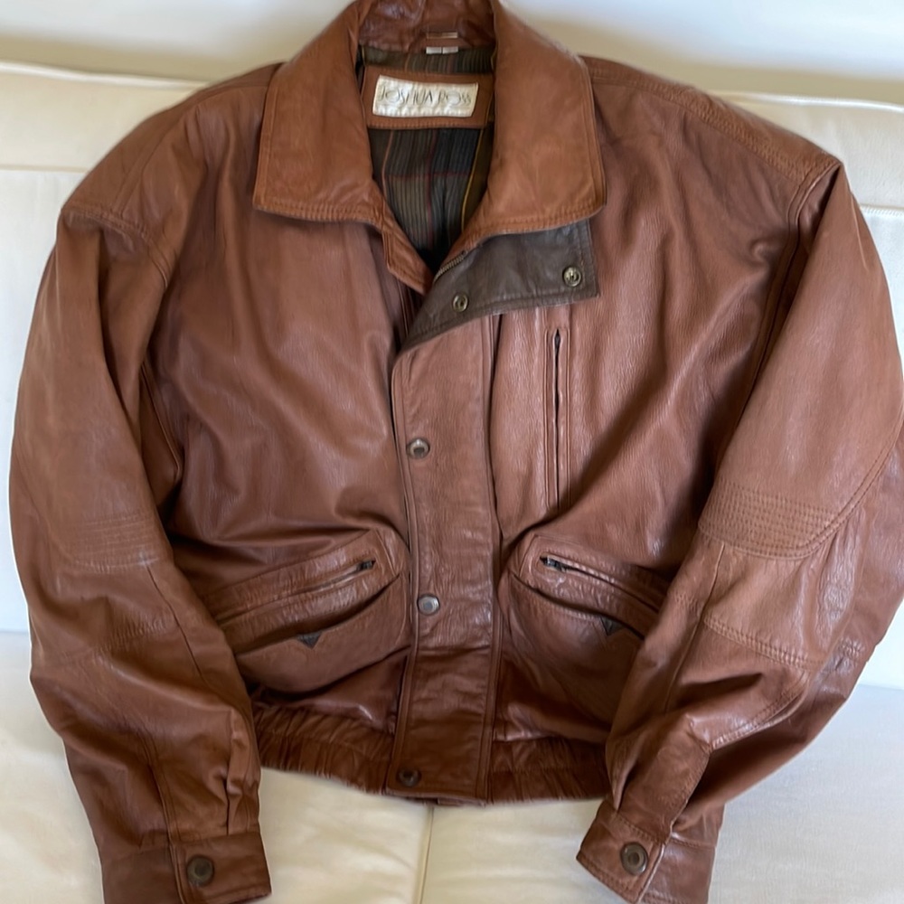 Vintage Tobacco Brown Leather Bomber Jacket size 42
